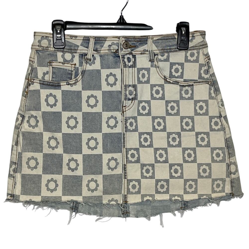 Balboa NEW Ragstock‎ Blue Colorblack Floral Mini Jean Skirt Raw Hem Size Medium